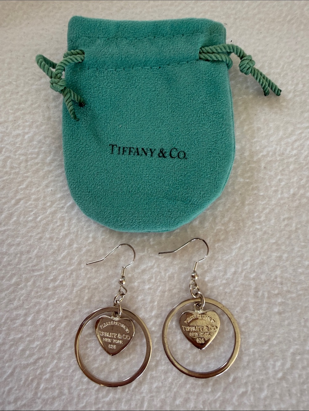 Silver Heart Tag Hoop Drop Earrings with Blue Pouch